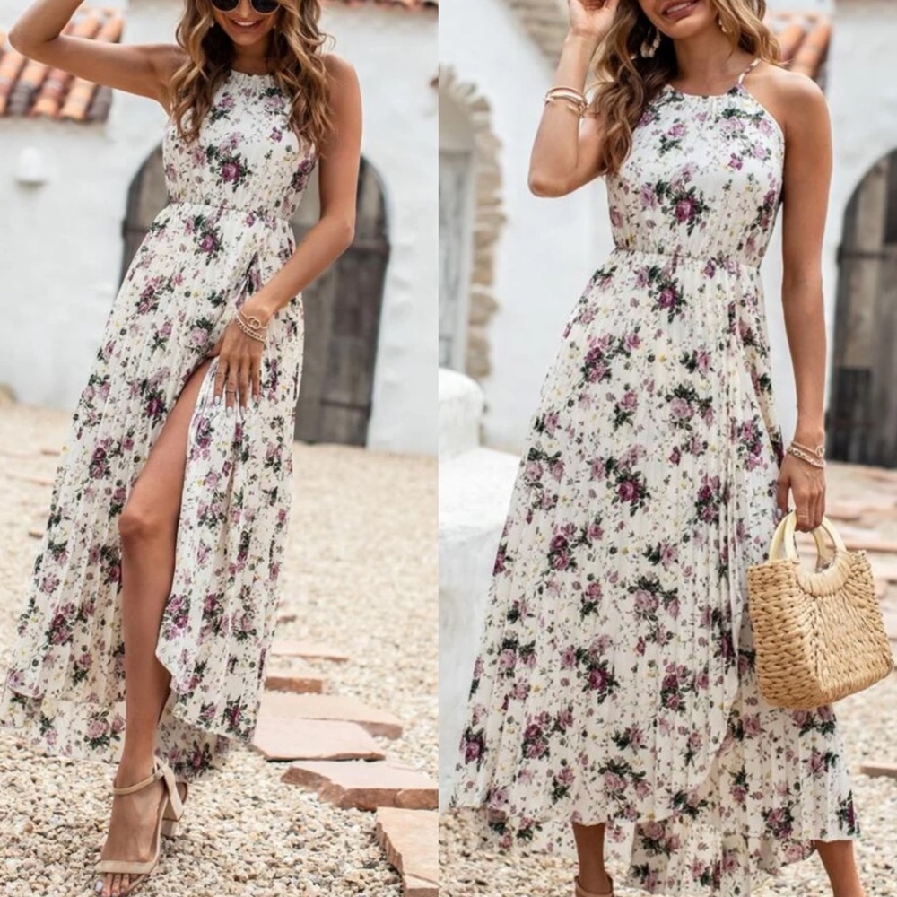 Boho floral print high low cami maxi dress